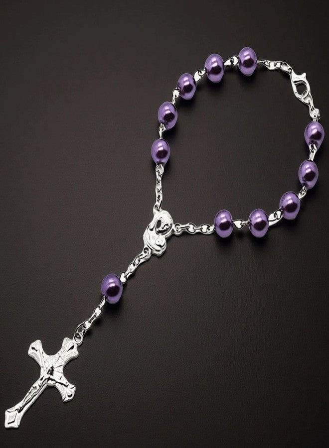 CACALOSS Catholic Purple Rosary Bead Bracelet Virgin Mary Cross Rosary Bead Bracelet for Car Hanging Baptism - Image 5